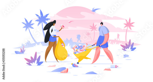 Volunteers collecting trash on beach flat vector illustration