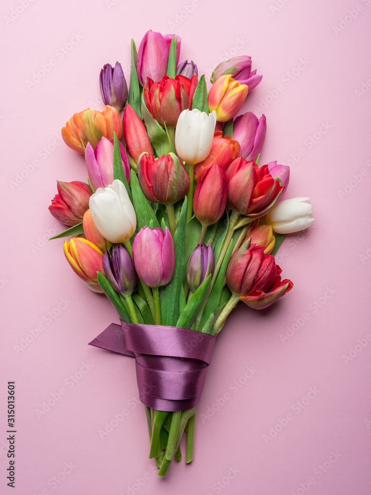 Colorful bouquet of tulips on white background. - obrazy, fototapety, plakaty 