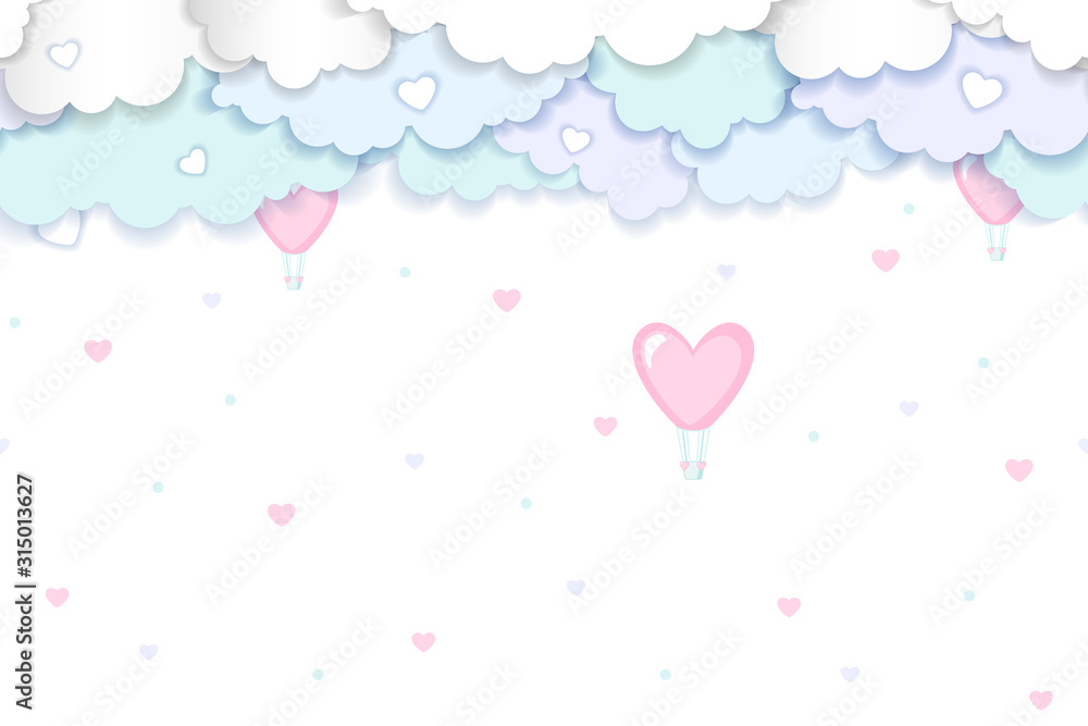 Valentines Day vector background with clouds and balloons in shape of heart in paper art style .