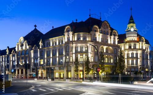 Illuminated hotel in Oradea, Romania