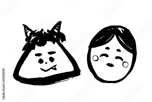 節分 鬼と福 墨絵 筆書き（白黒 線画）