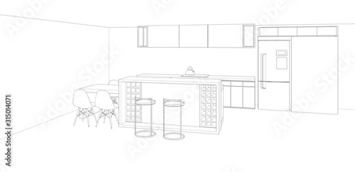 interior design sketch, modern kitchen, 3d rendering