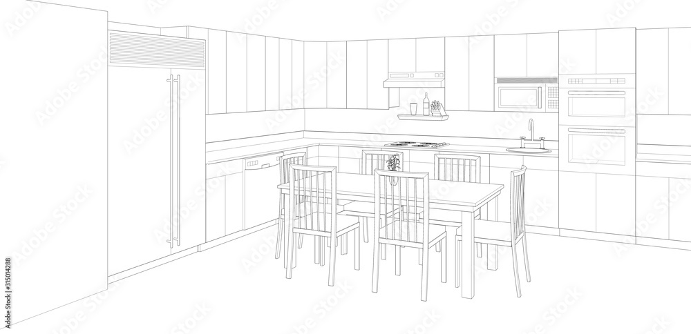 modern kitchen and dining room interior sketch, 3d render background