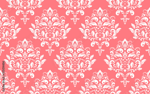 Wallpaper in the style of Baroque. Seamless vector background. White and pink floral ornament. Graphic pattern for fabric, wallpaper, packaging. Ornate Damask flower ornament