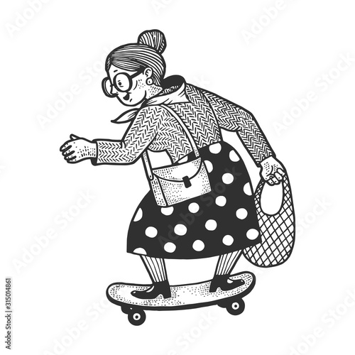 Old woman grandmother rides on skateboard sketch engraving vector illustration. T-shirt apparel print design. Scratch board imitation. Black and white hand drawn image.