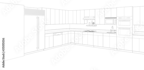 modern urban kitchen interior sketch, 3d render background