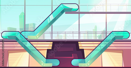 Escalators in mall. Elevators with glass railings side view in modern shopping center with huge windows and cityscape. Empty multistorey store hall with closed boutiques. Cartoon vector illustration