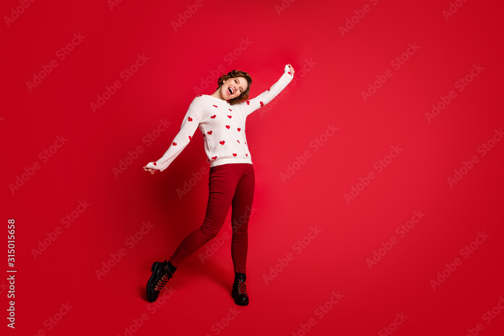 Full length body size view of her she nice attractive lovely overjoyed cheerful cheery glad girl celebrating having fun party time isolated on bright vivid shine vibrant red color background