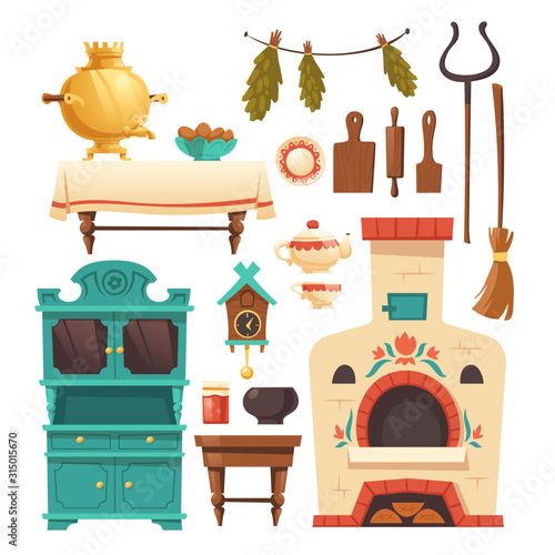 Interior elements of old russian kitchen with oven, samovar, cuckoo-clock and grip. Vector set of traditional ukrainian ancient furniture in rural house with stove isolated on white background