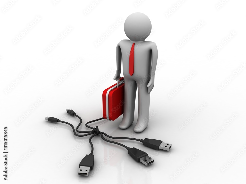 3d rendering USB cable with computer technician 3d rendering USB cable with computer technician