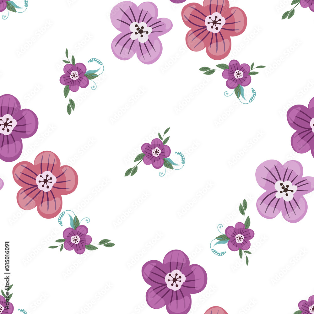 Fototapeta Seamless pattern with colorful hand drawn flowers. Original textile, wrapping paper, wall art surface design. Vector illustration. Floral simple minimalistic graphic design