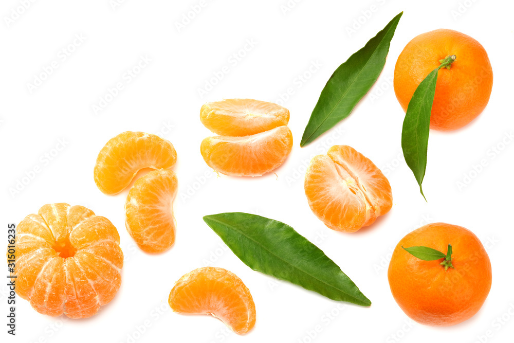 mandarin with slices and green leaves isolated on white background top view mandarin with slices and green leaves isolated on white background top view