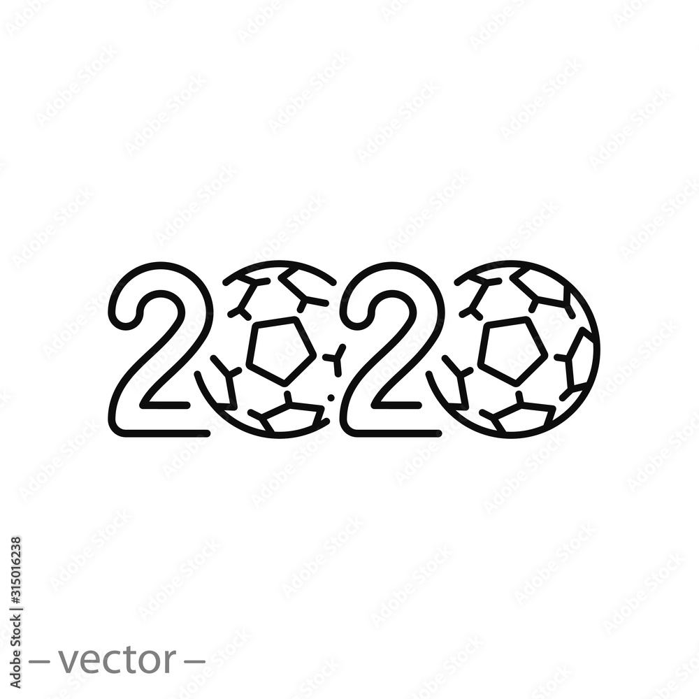 Obraz premium football 2020 icon, logo soccer olympic champion, calendar date, thin line web symbol on white background - editable stroke vector illustration eps10