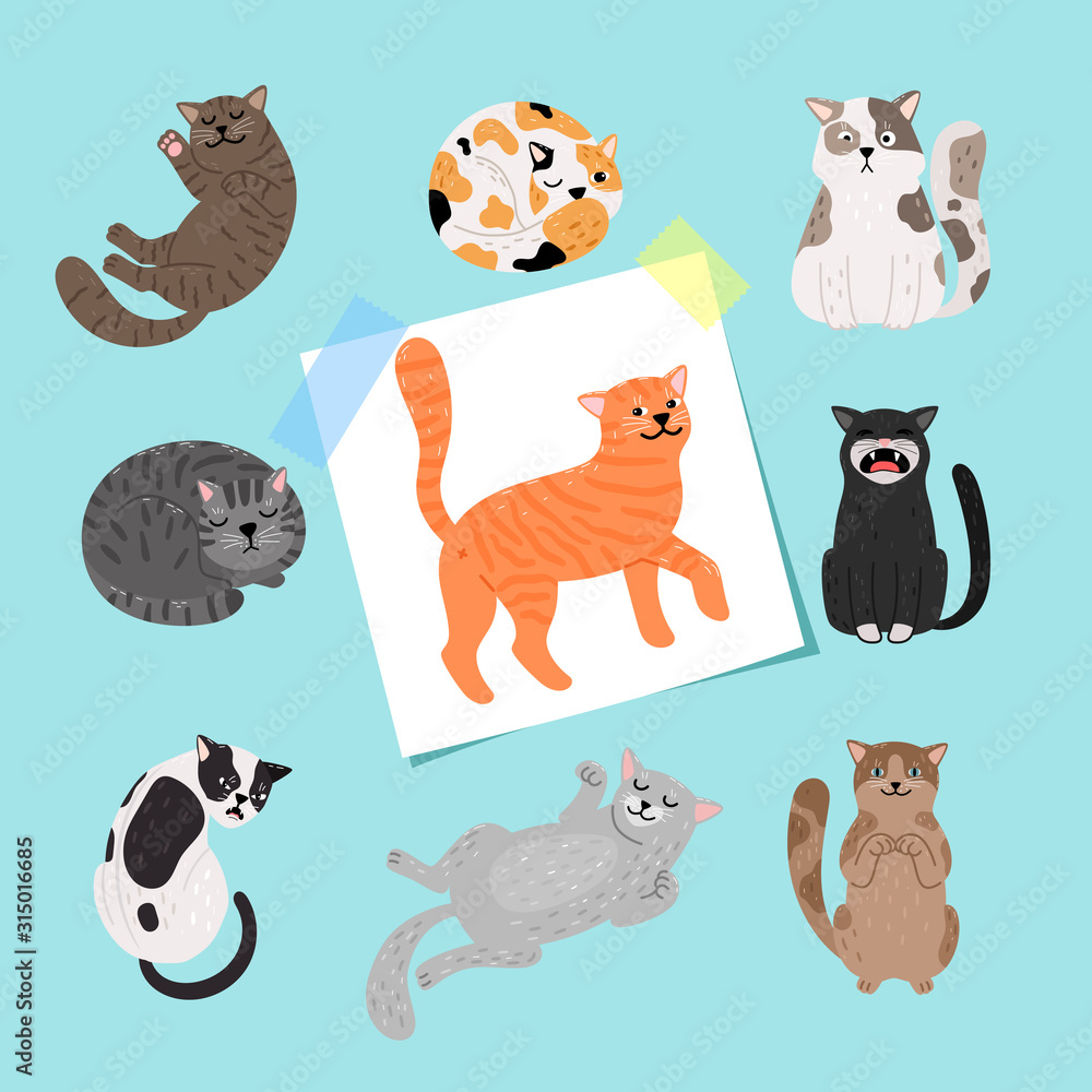 Shorthaired cats illustration. Cartoon cat collection isolated on blue background, fluffy kittens breeds drawings vector illustration Shorthaired cats illustration. Cartoon cat collection isolated on blue background, fluffy kittens breeds drawings vector illustration