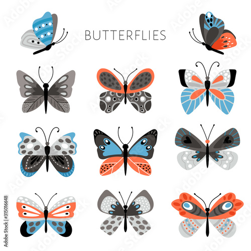 Color butterflies and moths illustration. Vector pretty colorful butterfly set for kids, tropical spring insects in blue and pink colors on white background