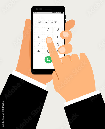 Hands with smartphone dialing. Mobile touch screen phone with numbers pad and business hand, businessman cellphone dial connection cartoon vector illustration