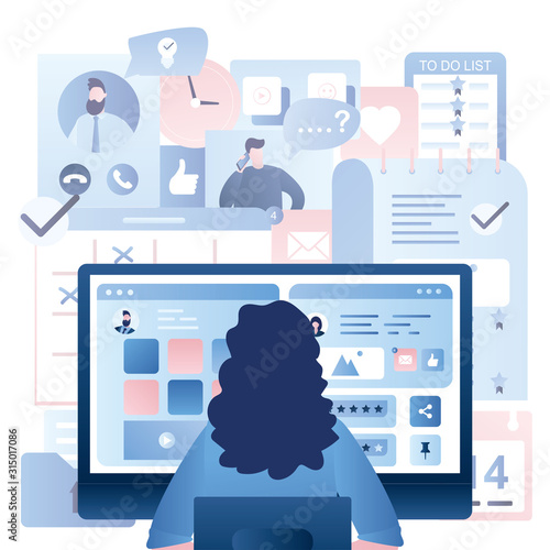 Social network chatting and work process. Office day concept background