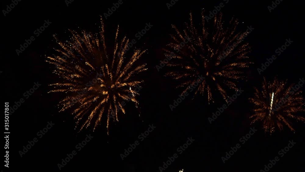 Multiple fireworks fill the night sky exploding in celebration. Multiple fireworks fill the night sky exploding in celebration.