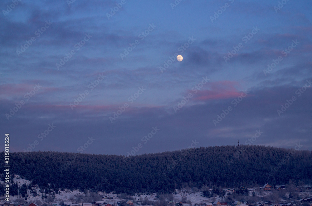 The moon in the sky with clouds over the evening, winter forest and the village. The sky with clouds, a round moon illuminates the coniferous forest and houses of the city. Beautiful sky and moonlight