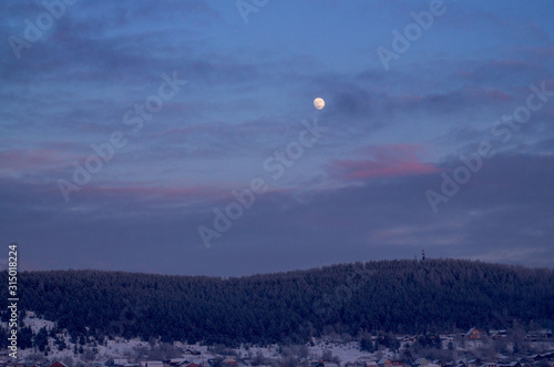 The moon in the sky with clouds over the evening  winter forest and the village. The sky with clouds  a round moon illuminates the coniferous forest and houses of the city. Beautiful sky and moonlight