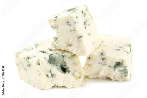 cut of blue cheese isolated on white background. macro photo