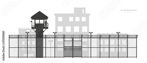 Prison fence with building. Black silhouette of jail exterior with steel grid. Isolated gate. Symbol of freedom. Industrial scene