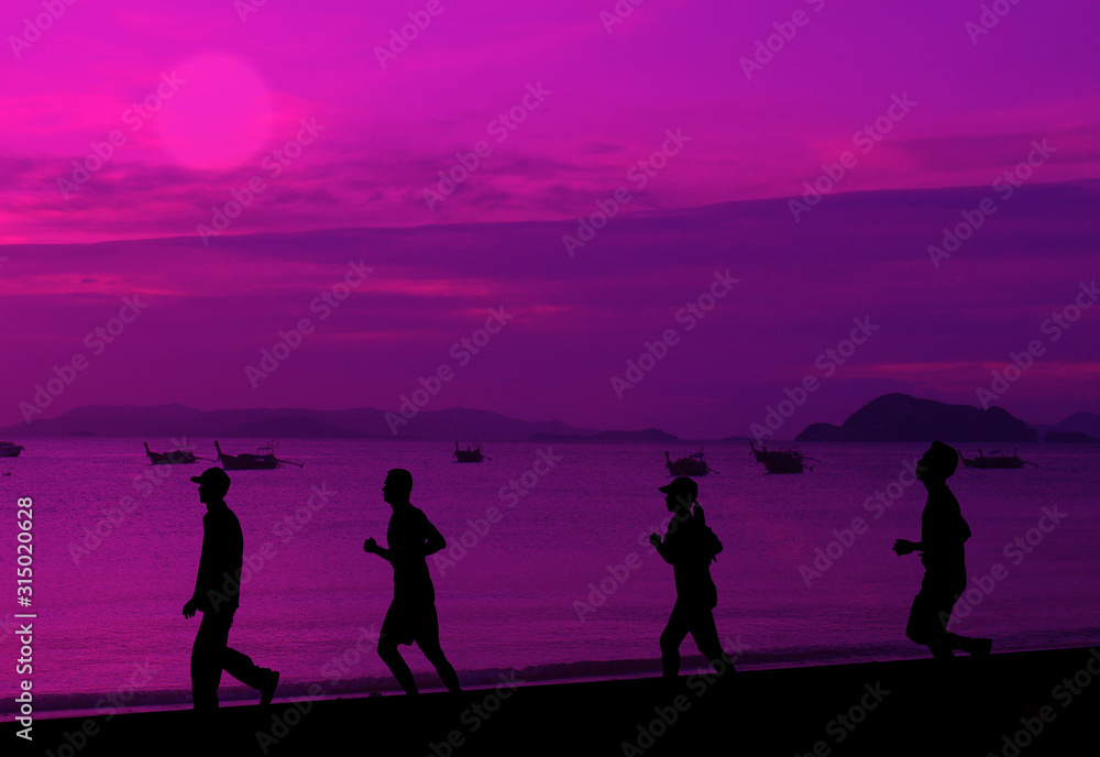 Silhouette running exercise n the evening atmosphere Sunset. Silhouette running exercise n the evening atmosphere Sunset.