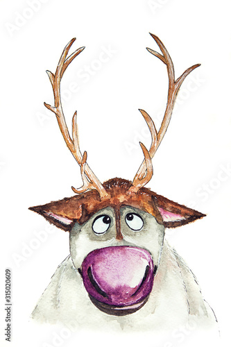 Watercolor drawing of deer Sven, character of cartoon 