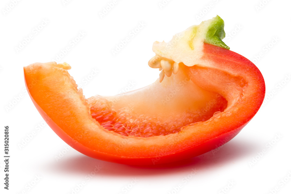 Red bell pepper sliced isolated on white with clipping path. Red bell pepper sliced isolated on white with clipping path.