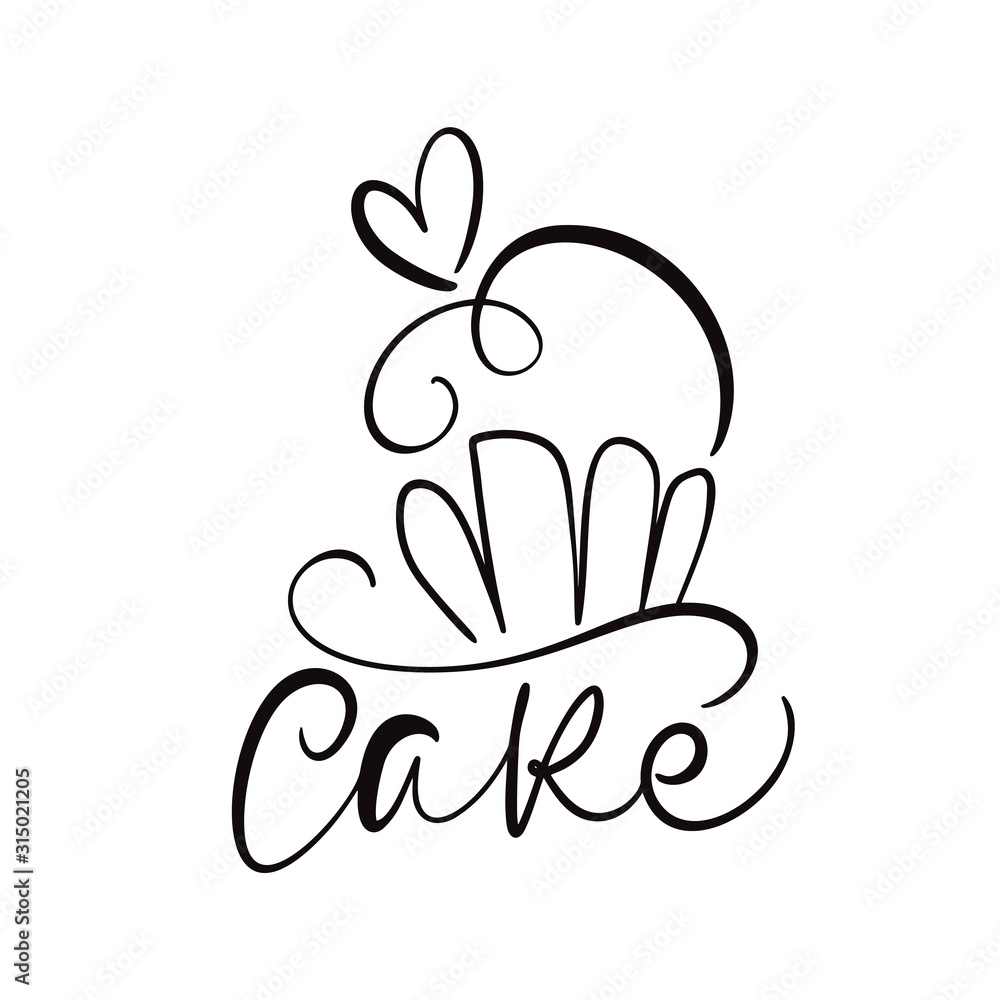 Cake vector calligraphic text with logo. Sweet cupcake with cream, vintage dessert emblem template design element. Candy bar birthday or wedding invitation