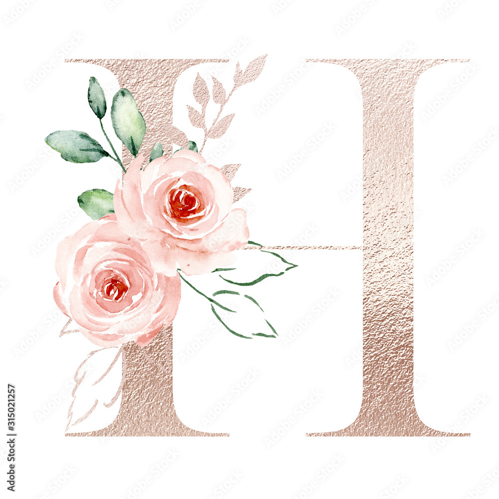 Initial H Letter Cat Rose Flowers Watercolor Monogram - H T-Shirt