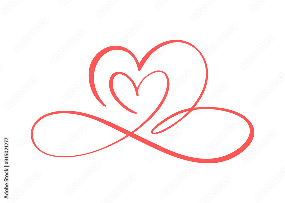Two flourish red lovers heart logo. Valentine card handmade vector calligraphy infinity. Decor for greeting card, photo overlays, t-shirt print, flyer, poster design Two flourish red lovers heart logo. Valentine card handmade vector calligraphy infinity. Decor for greeting card, photo overlays, t-shirt print, flyer, poster design