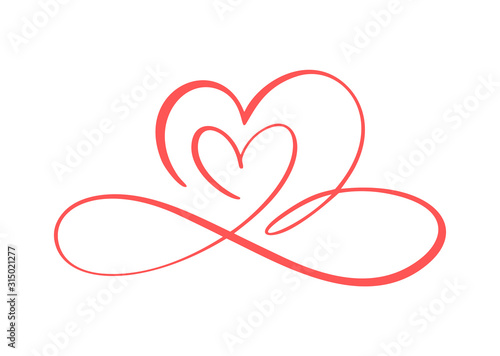 Two flourish red lovers heart logo. Valentine card handmade vector calligraphy infinity. Decor for greeting card, photo overlays, t-shirt print, flyer, poster design