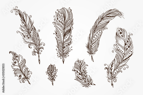 Ethnic feathers. Tribal Feathers Vintage Pattern. Hand Drawn Doodles illustration