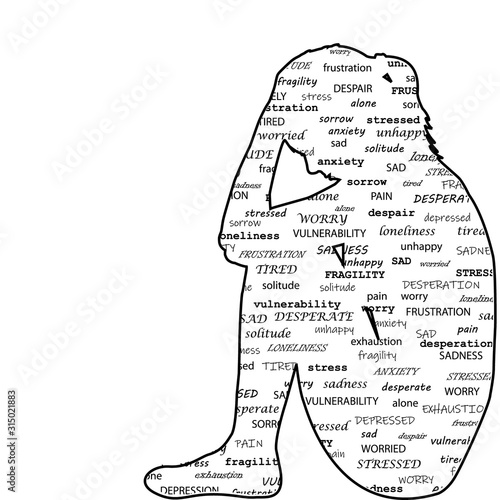 Silhouette of a sad woman with typography pattern