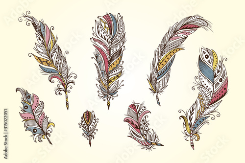 Vector Set of Ethnic feather. Hand Drawn Tribal Feathers. Decorative feathers. Vintage colored Feather.