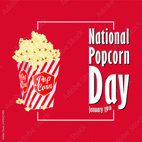 National Popcorn Day January 19th with 3D popcorn and text, Design for banner, poster, logo, sign, sticker, web blog, print. vector illustration.