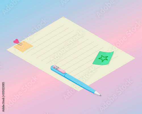 Kawaii isometry pretty retro pastel school stationery set
