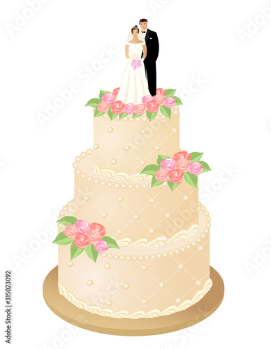 Traditional wedding cake decorated cream roses and bride and groom figurines married couple on top. Vector illustration.