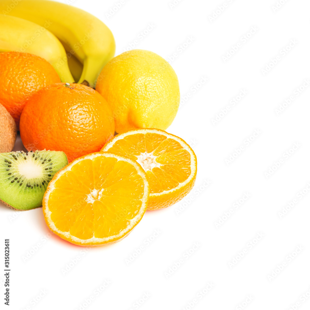 Group of tropical fruits, sliced halves of orange and kiwi isolated on white background Group of tropical fruits, sliced halves of orange and kiwi isolated on white background