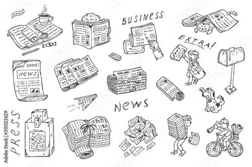 Newspaper vector icons. Newspapers set: stacks and rolls of newspapers, postman, paperboys, pets with newspapers, newspaper vending machine, mailbox - Hand Drawn Doodles illustration