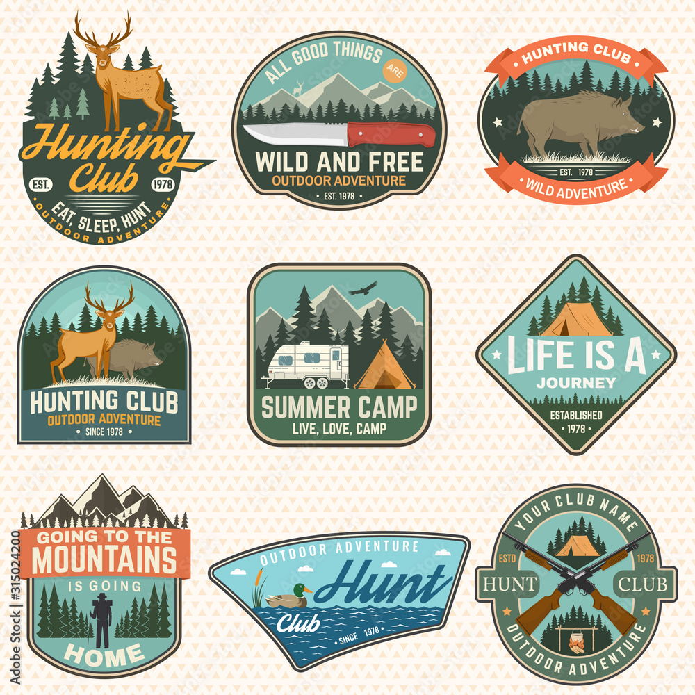 Obraz premium Set of hunting club and hiking club badge. Vector. Concept for shirt, logo, print, stamp. Vintage design with rv trailer, camping tent, boar, deer and forest silhouette