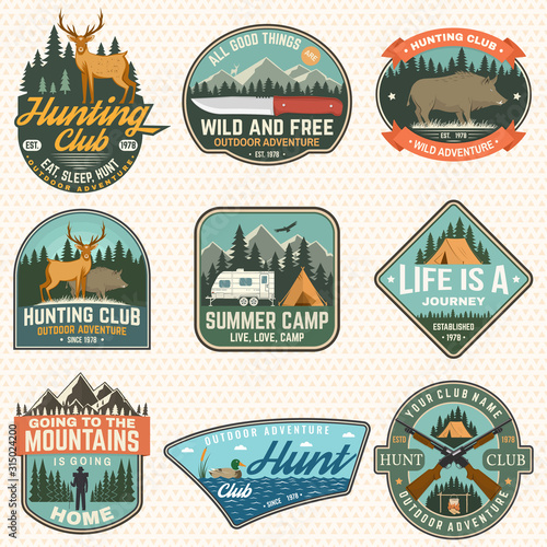 Set of hunting club and hiking club badge. Vector. Concept for shirt, logo, print, stamp. Vintage design with rv trailer, camping tent, boar, deer and forest silhouette