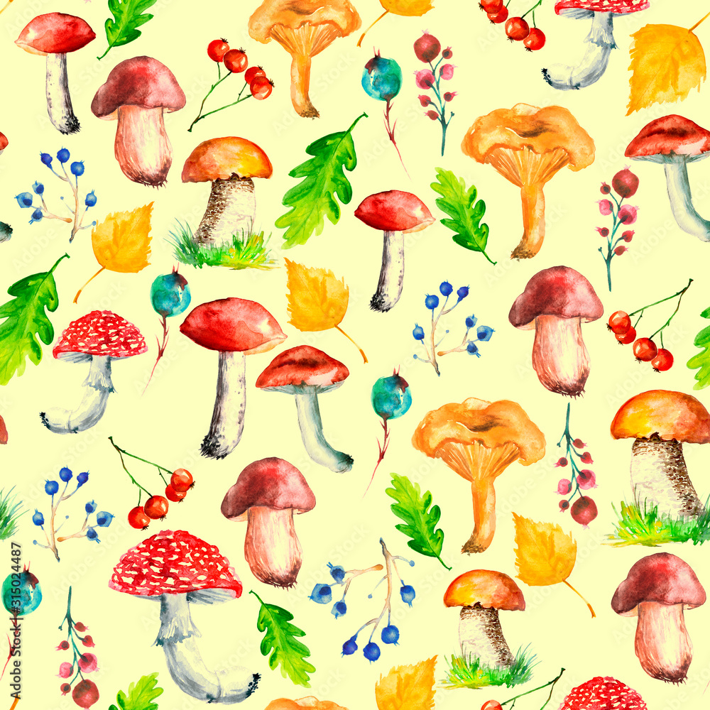 Seamless watercolor pattern, background with a picture of forest mushrooms, berries, autumn leaves, plants. lingonberry, cranberry, blueberry. Vintage illustration for a variety of designs. Seamless watercolor pattern, background with a picture of forest mushrooms, berries, autumn leaves, plants. lingonberry, cranberry, blueberry. Vintage illustration for a variety of designs.
