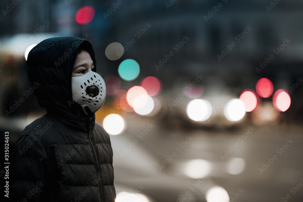 Boy with Breathing Mask, Air Pollution in the City Boy with Breathing Mask, Air Pollution in the City