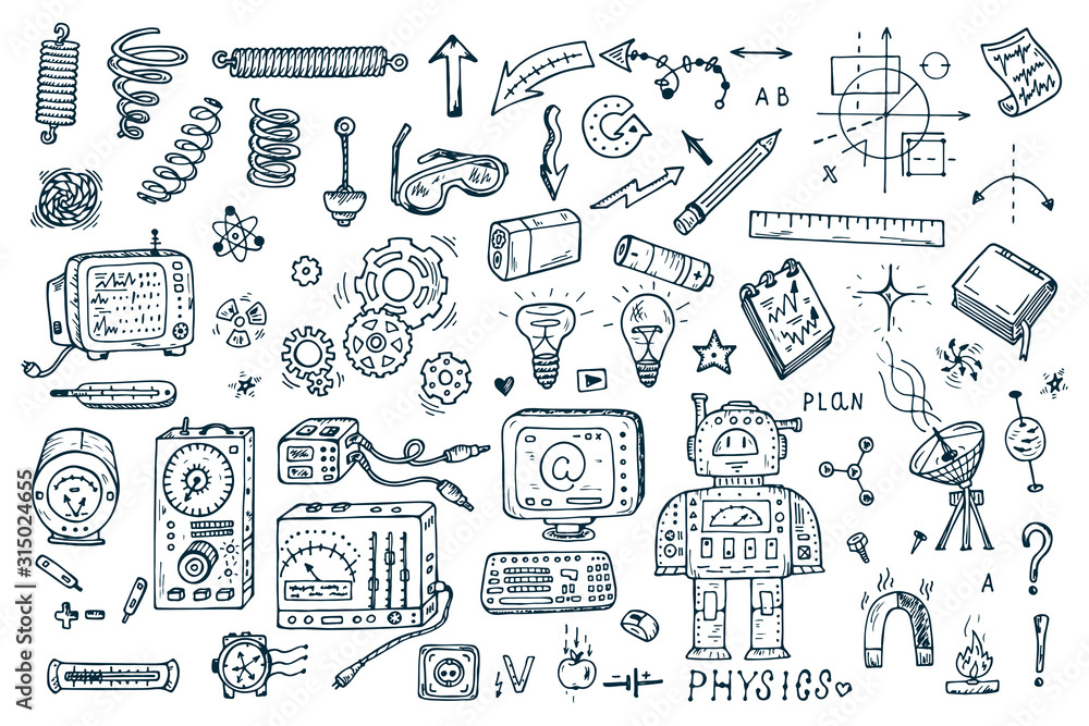 Science icons. Hand drawn doodles Physics Set. Robot, Measuring equipment, instrumentation and elements - obrazy, fototapety, plakaty 