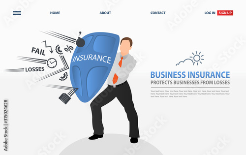 Vector illustration business Insurance concept. Businessman holds a big shield and reflects his problems. Protects business from losses concept.