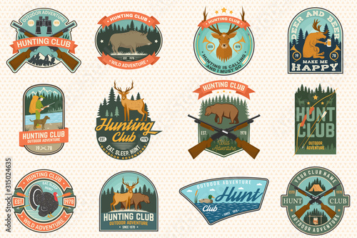 Set of Hunting club badge. Vector Concept for shirt, print, stamp. Vintage typography design with hunting gun, boar, hunter, bear, deer, duck and forest. Outdoor adventure hunt club emblem