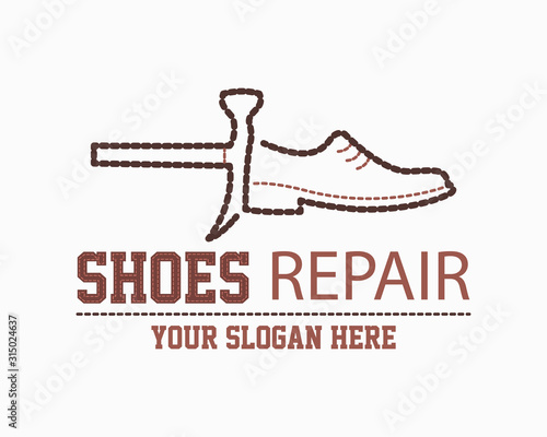 Shoemaker logo template. Shoe repair vector design. Сoncept for workshop repair or restoration of leather goods. Design for print, emblem, t-shirt, sticker, logotype.