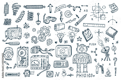 Science icons. Hand drawn doodles Physics Set. Robot, Measuring equipment, instrumentation and elements